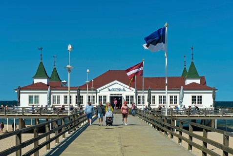 Restaurant on the historic pier in the Baltic seaside resort of Ahlbeck, Usedom Island,