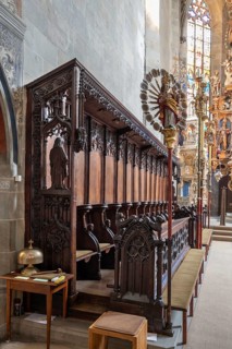 Choir stalls in Überlingen Minster, St Nicholas, built in 1350 and 1576 in the late Gothic style,