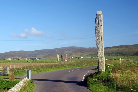 High stone next to a road with hills in the background, Ring of Brodgar, stone circle, Mainland,