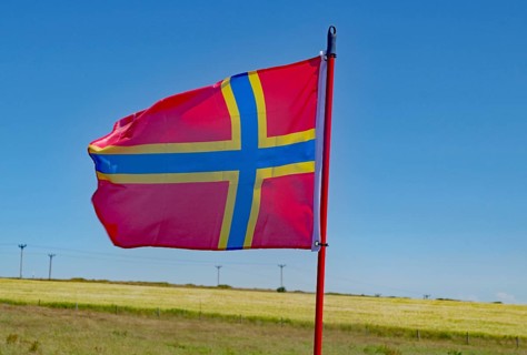 Red flag with yellow cross waving in front of blue sky and flowering meadow, flag of the Orkney