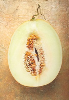 Fresh melon in section, half melon, chardzhuiskaya variety, gulabi melon, top view