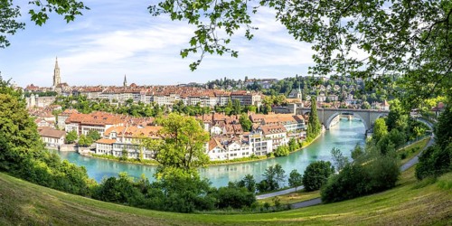 Bern City on the River Aare Panorama Old Town with Bern Minster Church in Bern, Switzerland