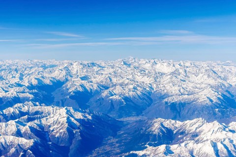 Alps panorama mountains with snow in winter with Matterhorn and Mont Blanc near Domodossola, Italy