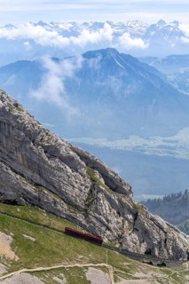 Pilatus railway cogwheel railway just in front of the summit of Mount Pilatus in the Swiss Alps in