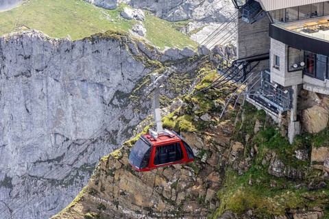 Mount Pilatus Mountain summit with cable car in the Swiss Alps in Pilatus, Switzerland