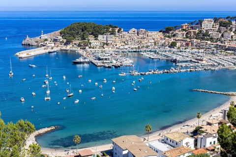 Port de Soller on Majorca from above holiday by the sea beach harbour with boats trip in Port de