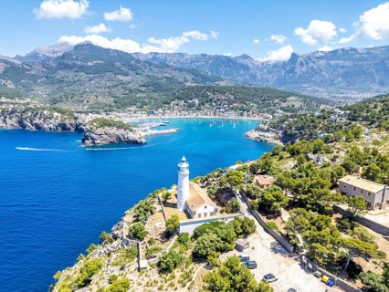 Port de Soller on Majorca with lighthouse aerial view holiday by the sea trip in Spain