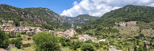 Valldemossa village on Majorca with church holiday at the Serra de Tramuntana travel panorama in