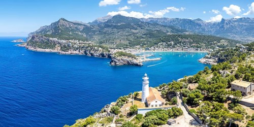 Port de Soller on Majorca with lighthouse aerial view panorama holiday by the sea trip in Spain