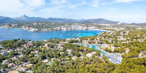 Santa Ponsa on Majorca aerial view from above holiday by the sea beach bay with boats travel