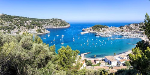 Port de Soller on Majorca from above holiday by the sea beach harbour with boats panoramic trip in