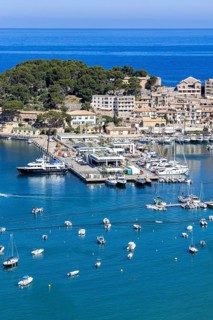 Port de Soller on Majorca from above Holiday by the sea harbour with boats trip in Port de Sóller,