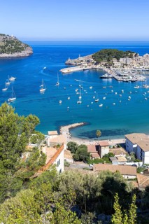 Port de Soller on Majorca from above holiday by the sea beach harbour with boats trip in Port de