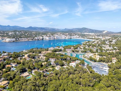 Santa Ponsa on Majorca aerial view from above holiday by the sea beach bay with boats trip in Santa