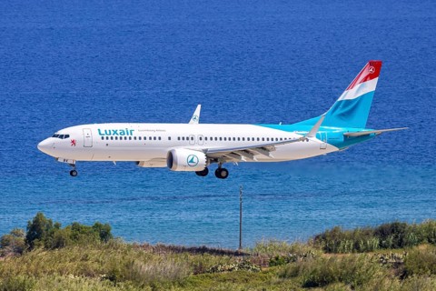 A Luxair Boeing 737 MAX 8 aircraft with registration LX-LBK at Rhodes Airport, Greece