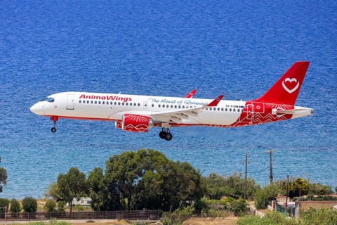 An AnimaWings Airbus A220-300 aircraft with the registration YR-FUN at Rhodes Airport, Greece