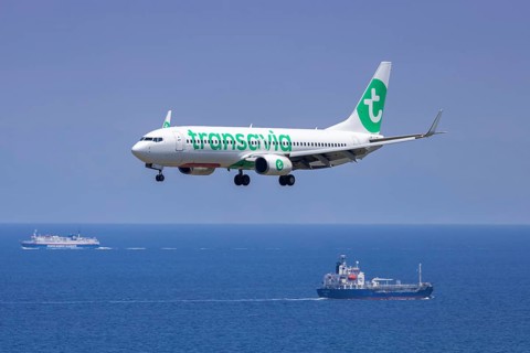 A Boeing 737-800 aircraft of Transavia with the registration PH-HSJ at Rhodes Airport, Greece