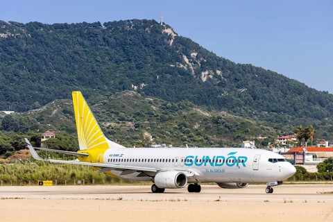 A Boeing 737-800 Sun d'Or aircraft with the registration number 4X-EKR at Rhodes Airport, Greece