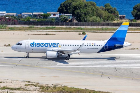 An Airbus A320 aircraft of Discover Airlines with the registration D-AIUZ at Rhodes Airport, Greece
