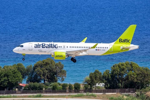 An Air Baltic Airbus A220-300 aircraft with the registration YL-AAU at Rhodes Airport, Greece