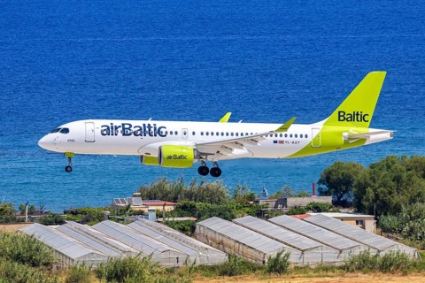 An Air Baltic Airbus A220-300 aircraft with the registration YL-AAY at Rhodes Airport, Greece