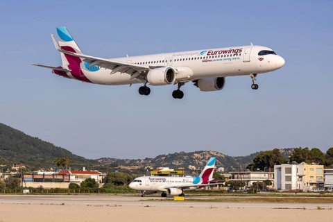 A Eurowings Airbus A321neo aircraft with the registration D-AEEB at Rhodes Airport, Greece