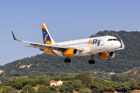 A HiSky Airbus A320 aircraft with the registration YR-JOY at Rhodes Airport, Greece