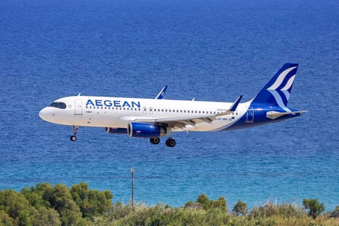 An Airbus A320 aircraft of Aegean Airlines with the registration SX-DNC at Rhodes Airport, Greece