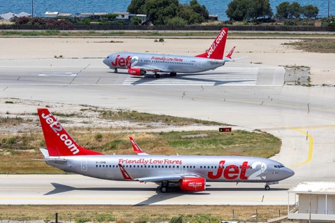 A Boeing 737-800 Jet2 aircraft with the registration G-JZHB at Rhodes Airport, Greece