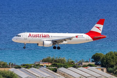 An Austrian Airlines Airbus A320 aircraft with the registration number OE-LZB at Rhodes Airport,