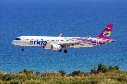 An Arkia Airbus A321LR aircraft with the registration number 4X-AGH at Rhodes Airport, Greece