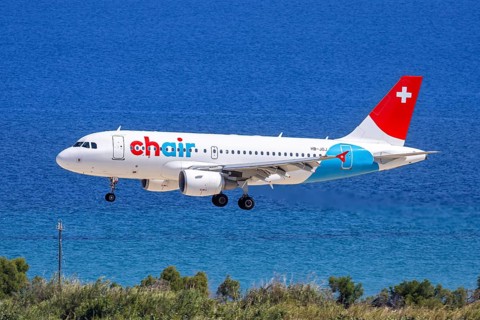 A Chair Airbus A319 aircraft with the registration HB-JOJ at Rhodes Airport, Greece