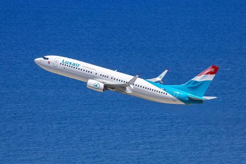 A Luxair Boeing 737-800 aircraft with the registration LX-LBA at Rhodes Airport, Greece