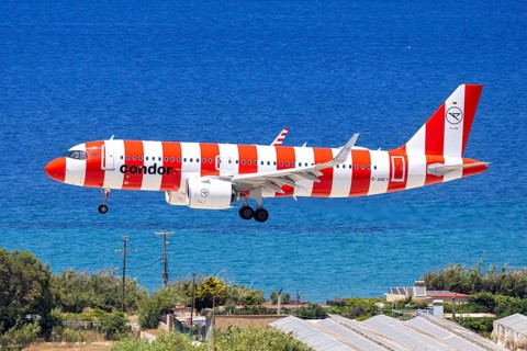 A Condor Airbus A320neo aircraft with the registration number D-ANCY at Rhodes Airport, Greece