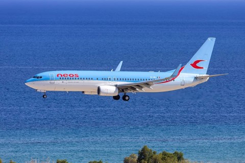 A Boeing 737-800 aircraft of Neos with the registration number EI-HIL at Rhodes Airport, Greece