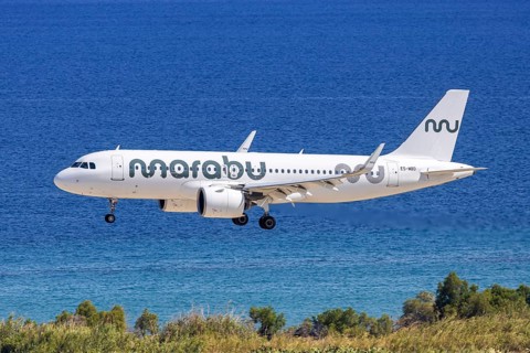 A Marabou Stork Airbus A320neo aircraft with the registration number ES-MBD at Rhodes Airport,