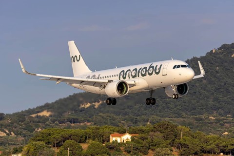 A Marabou Stork Airbus A320neo aircraft with the registration number ES-MBG at Rhodes Airport,