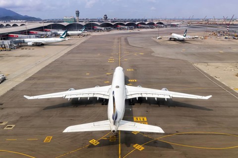 A Lufthansa Airbus A340-600 aircraft with the registration D-AIHW at Chek Lap Kok Airport (HKG) in