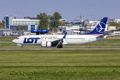 LOT Polish Airlines Boeing 737-8 MAX aircraft with registration SP-LVI at the airport in Warsaw,