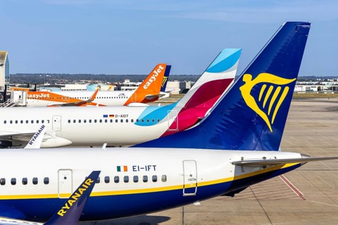 Ryanair, Eurowings and EasyJet aircraft at Palma de Majorca Airport, Spain