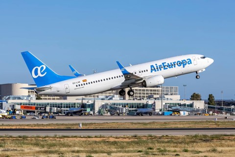 An Air Europa Boeing 737-800 aircraft with registration EC-LVR at Palma de Majorca Airport, Spain