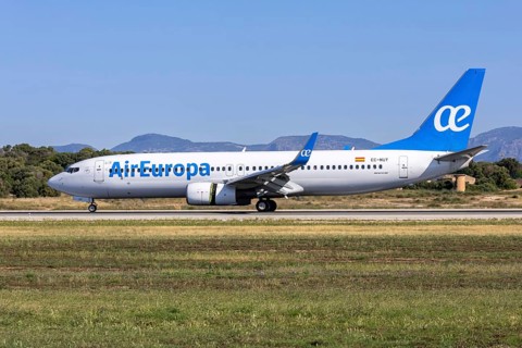 An Air Europa Boeing 737-800 aircraft with the registration EC-NUY at Palma de Majorca Airport,