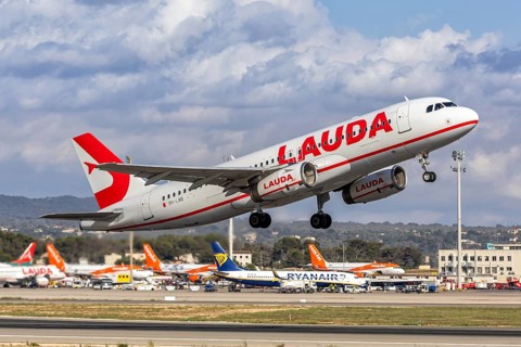 A Lauda Europe Airbus A320 aircraft with the registration 9H-LMB at Palma de Majorca Airport, Spain