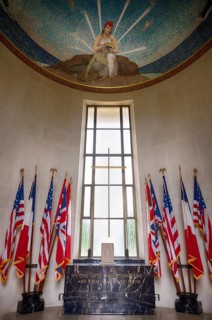Interior, ceiling fresco, altar, flags, chapel, chapel, military cemetery, Normandy American