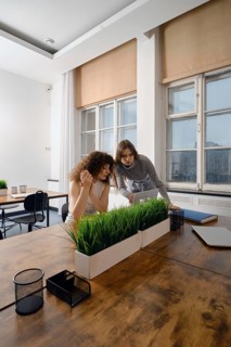 In a modern workspace, two women engage in a focused discussion about women's health initiatives.