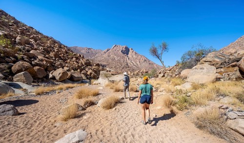 Tourist with guide on the White Lady Trail, Tsisab Gorge, desert landscape, Brandberg, Erongo,