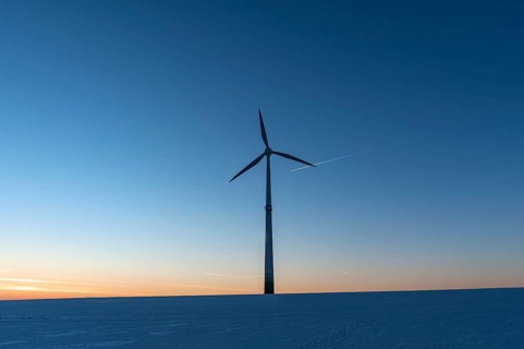 Wind turbine in winter in the evening sky, Karsberg, Upper Franconia, Bavaria, Germany