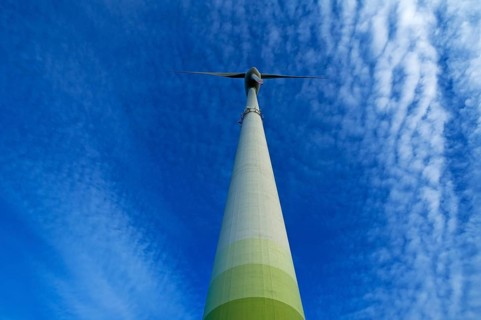 Wind turbine with small fleecy clouds (cirrocumulus) in the sky, Karsberg, Upper Franconia,