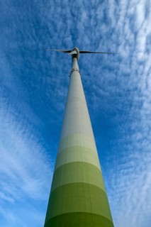 Wind turbine with small fleecy clouds (cirrocumulus) in the sky, Karsberg, Upper Franconia,