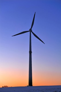 Wind turbine against the wintry evening sky, Karsberg, Upper Franconia, Bavaria, Germany, Europe,